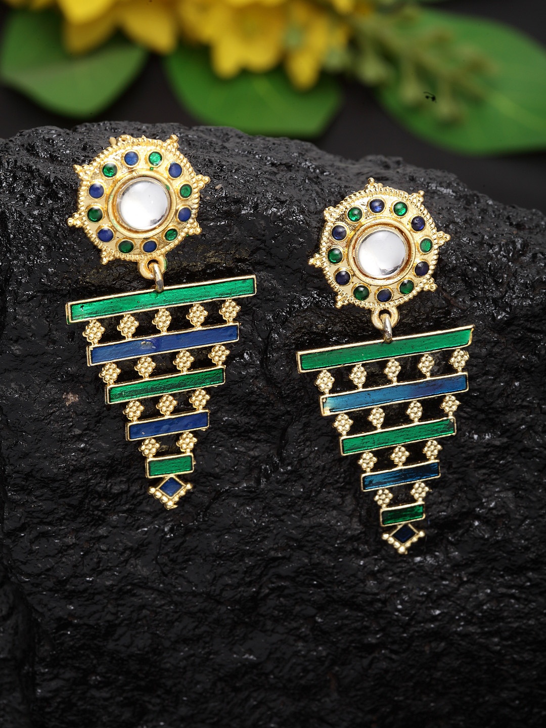 

Moedbuille Gold-Toned & Blue Geometric Drop Earrings