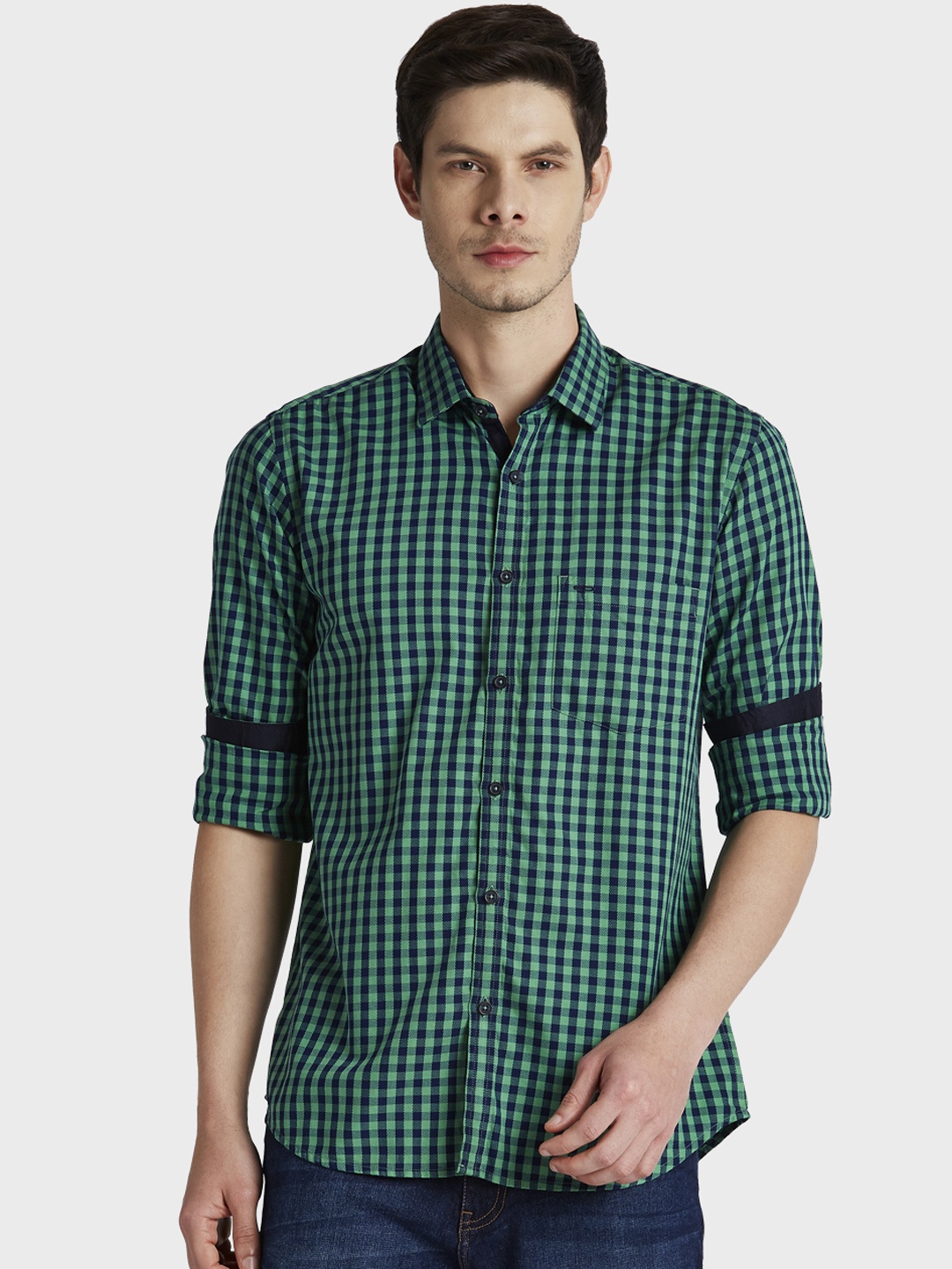 

ColorPlus Men Green Tailored Fit Checked Casual Shirt