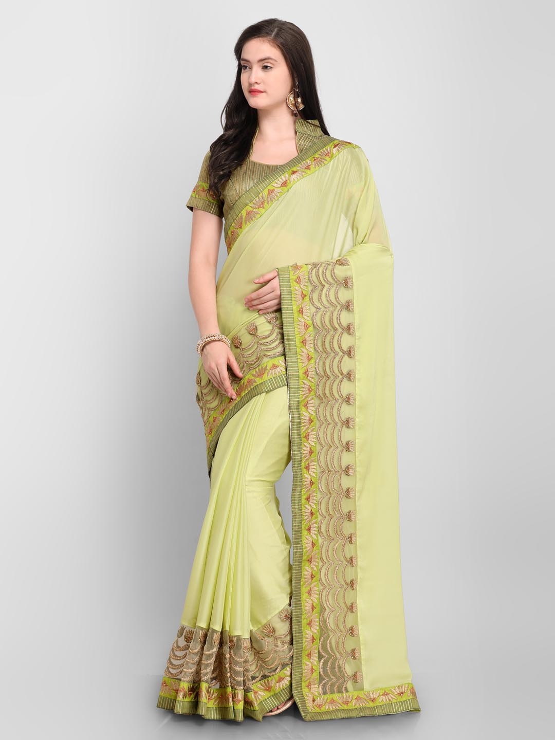 

Shaily Green Solid Pure Crepe Saree