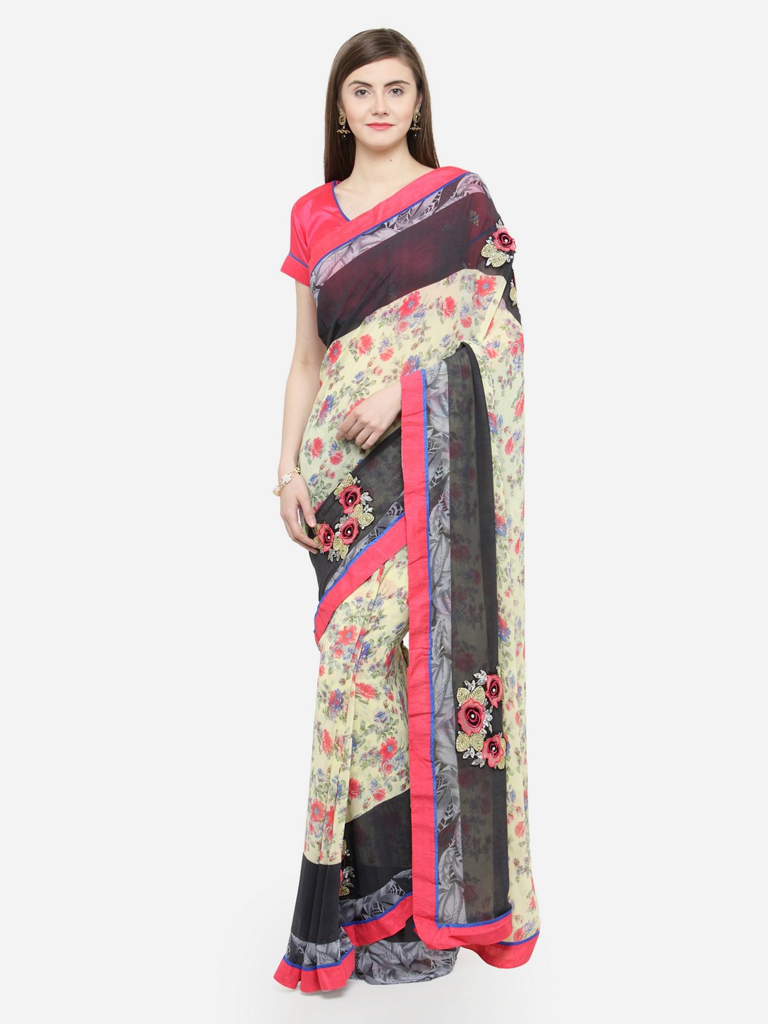 

Shaily Cream-Coloured & Blue Pure Georgette Printed Saree