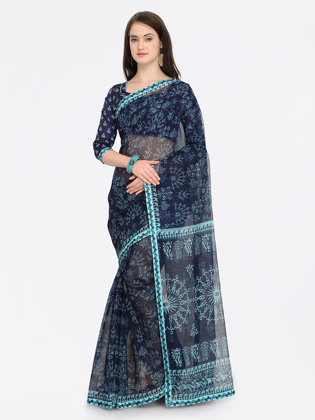 

Shaily Blue Printed Cotton Blend Saree