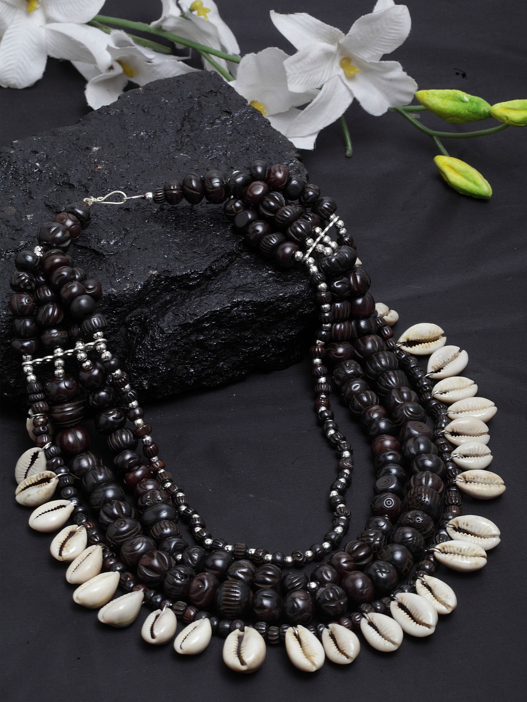 

Moedbuille Silver-Plated Brown Beads and Sea Shell Encrusted Multi Layer Tribal Necklace
