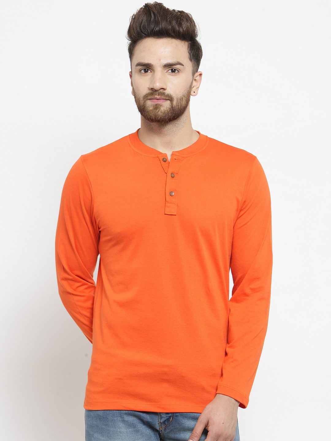 

Kalt Men Orange Solid Henley Neck T-shirt