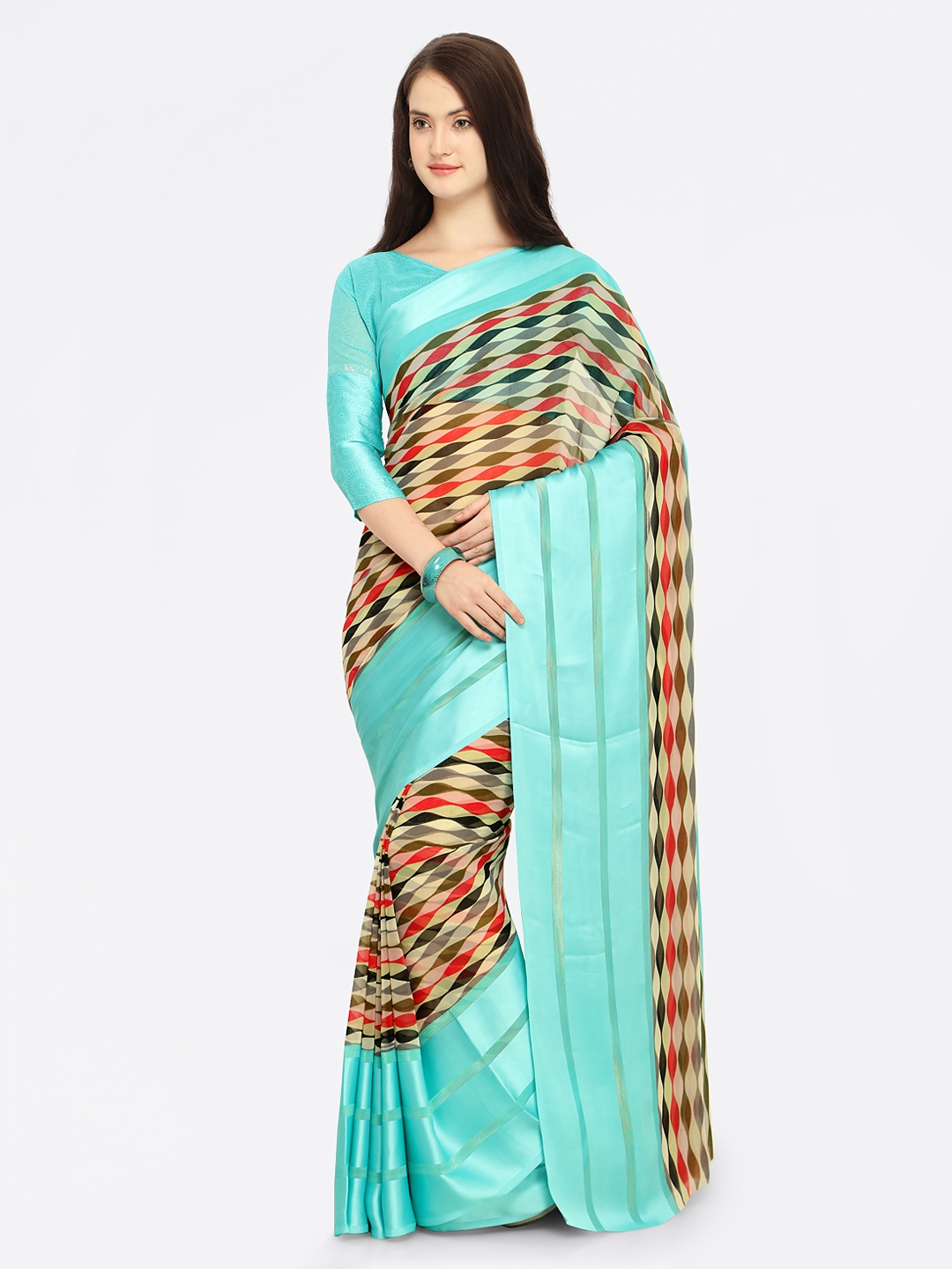 

Shaily Turquoise Blue Printed Satin Saree