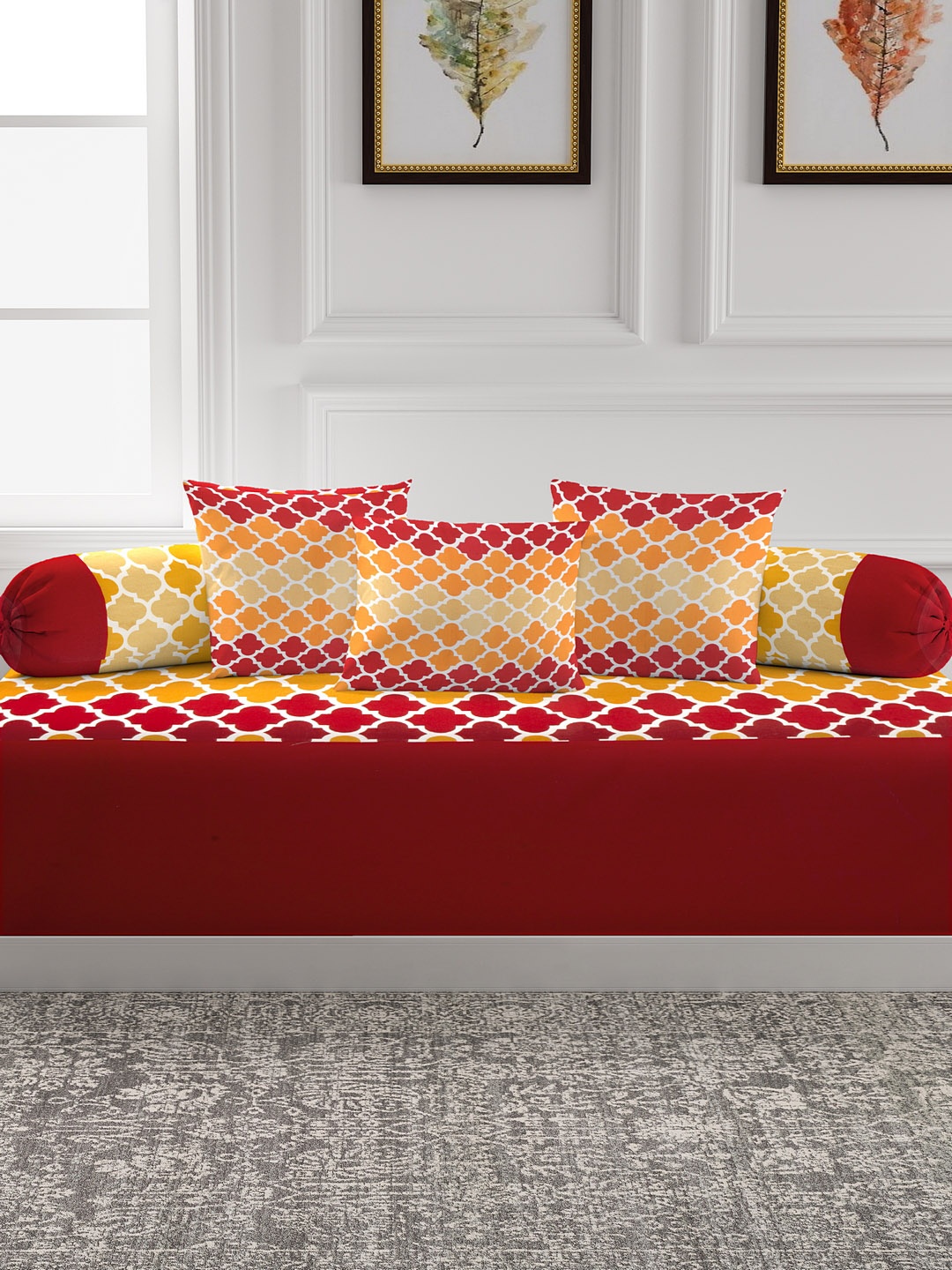 Soumya Set of 6 Red & Yellow Printed Diwan Set