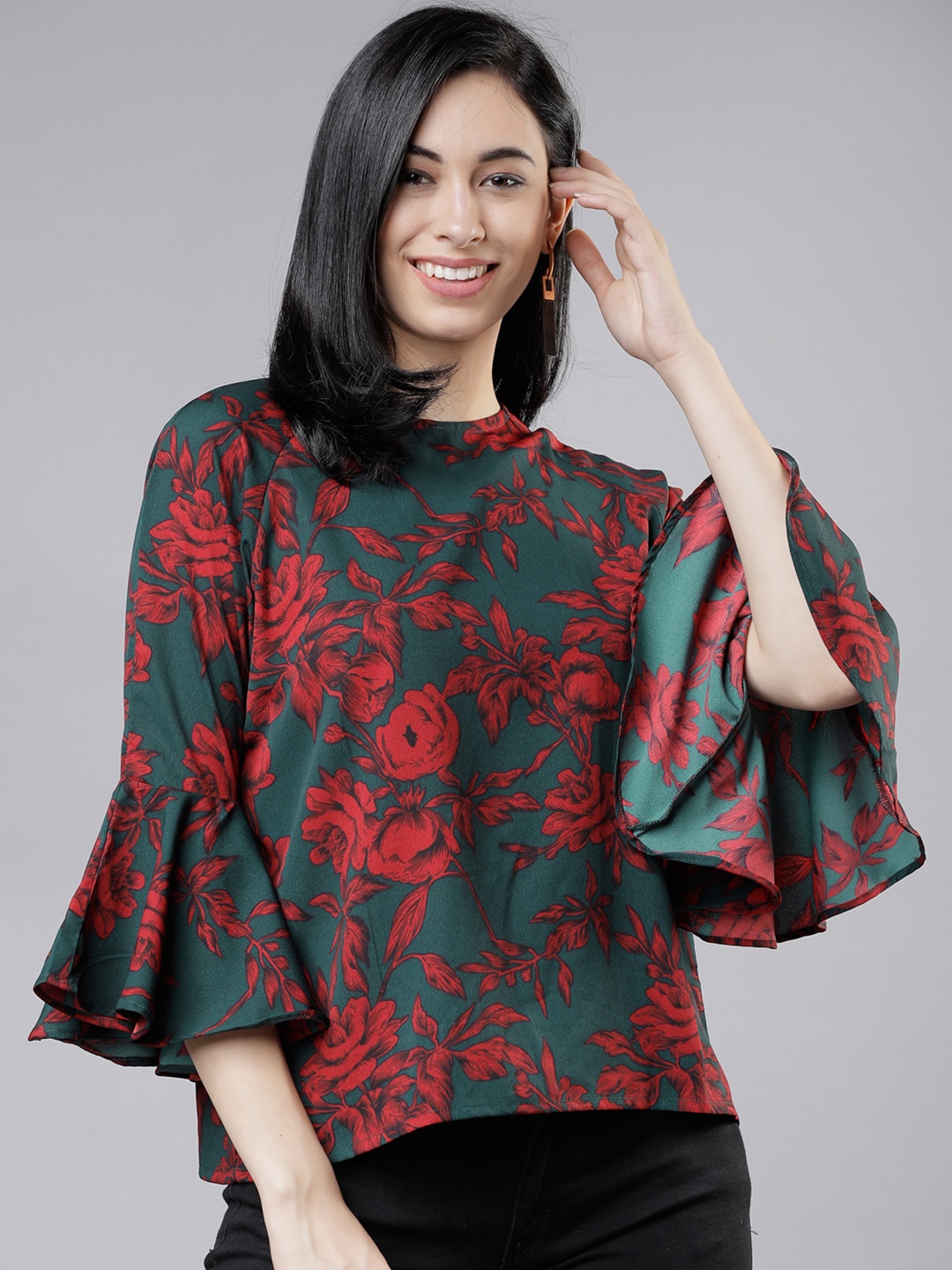 

Tokyo Talkies Women Teal Floral Printed A-Line Top