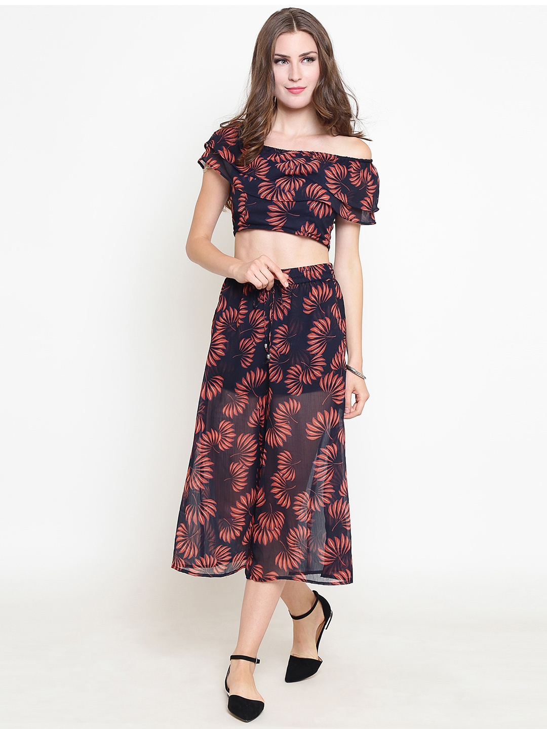 Sera Women Navy Blue & Red Printed Top with Palazzos