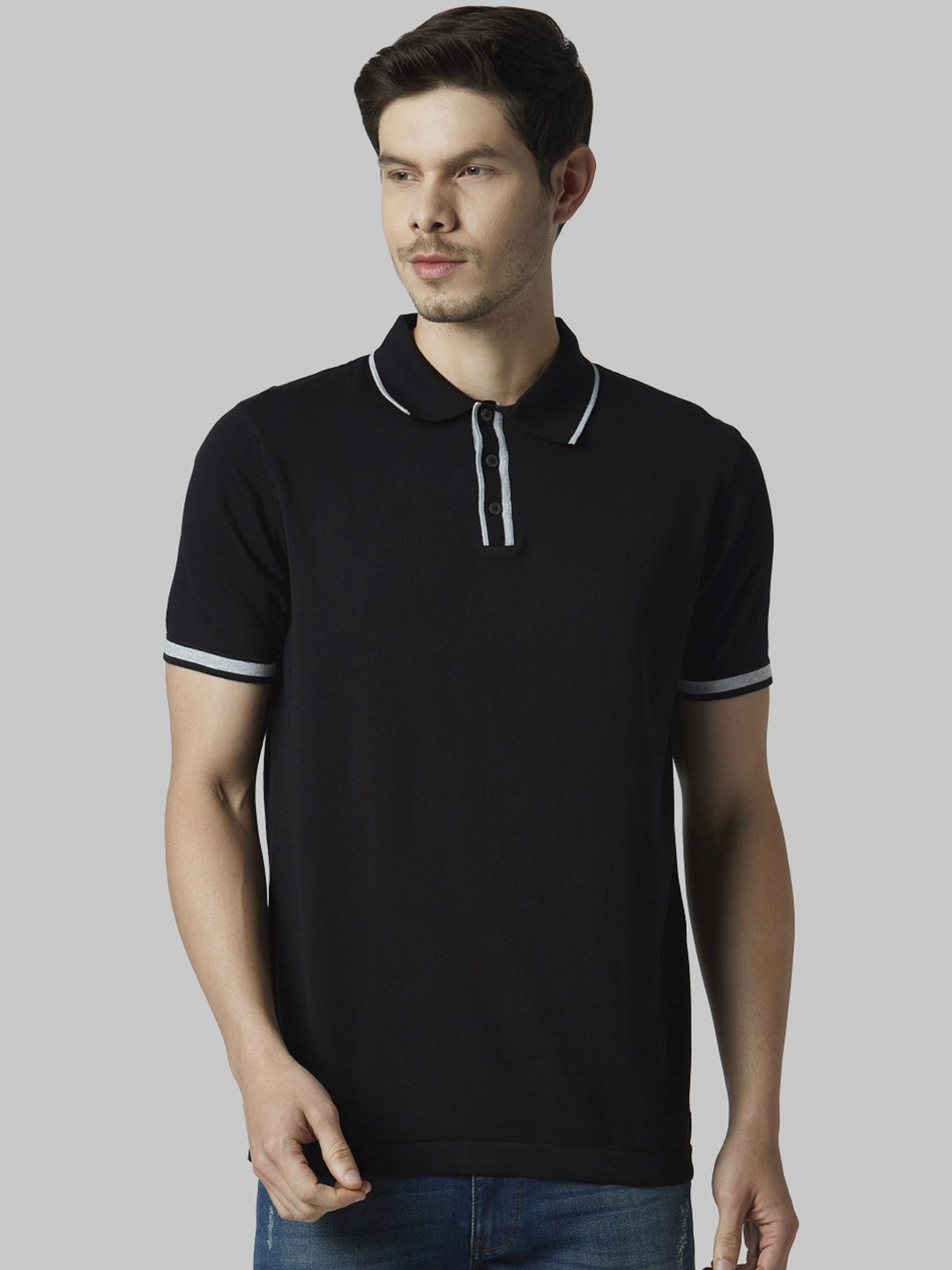 

Park Avenue Men Black Solid Polo Collar Pure Cotton T-shirt