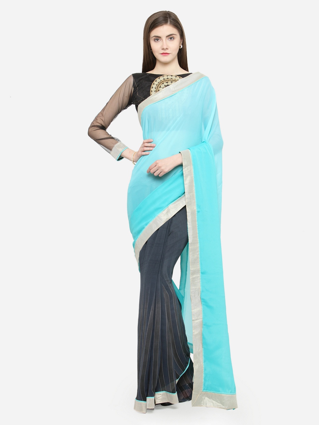 

Shaily Blue Colourblocked Pure Georgette Saree