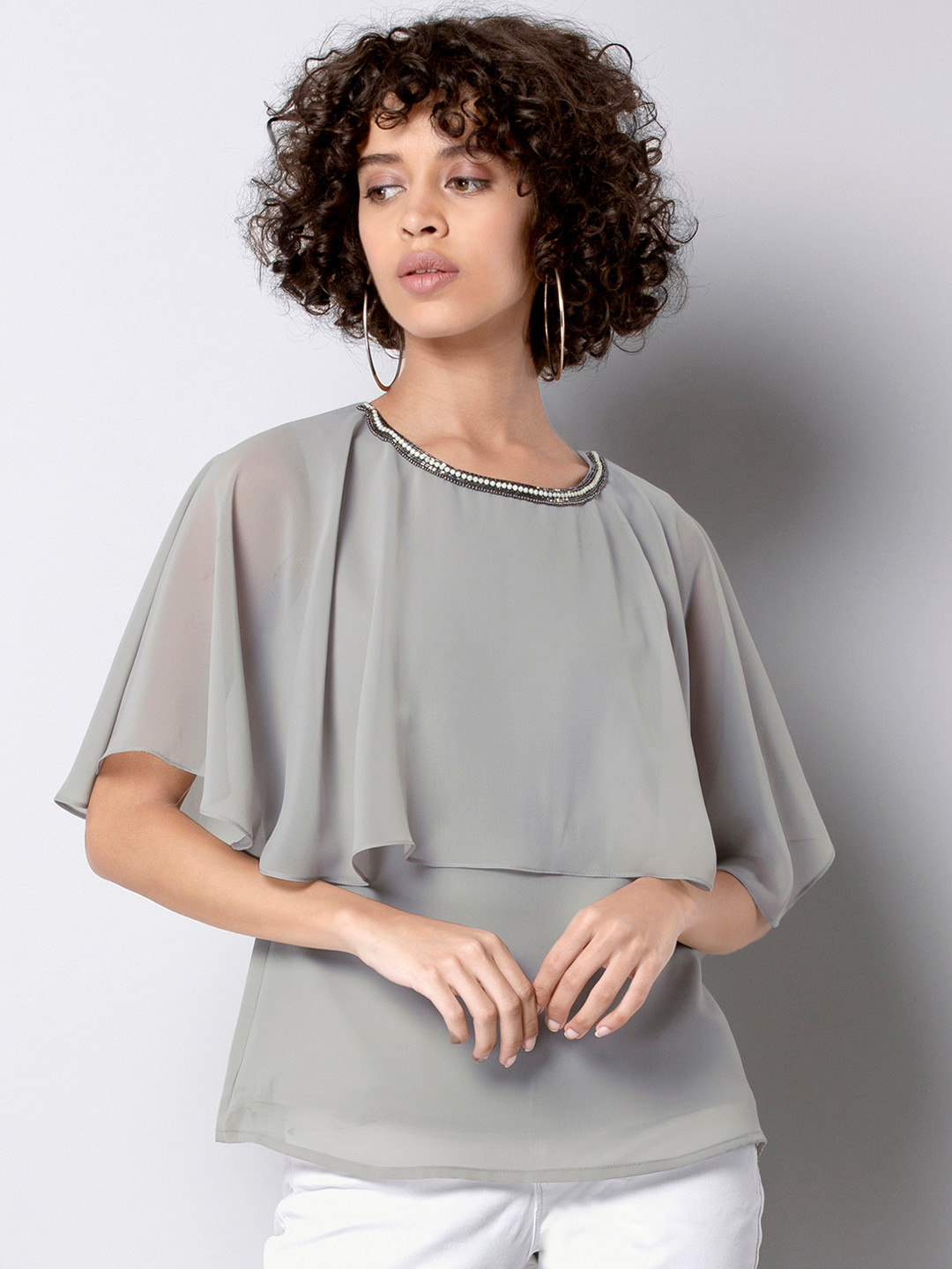 

FabAlley Women Grey Solid Cape Top
