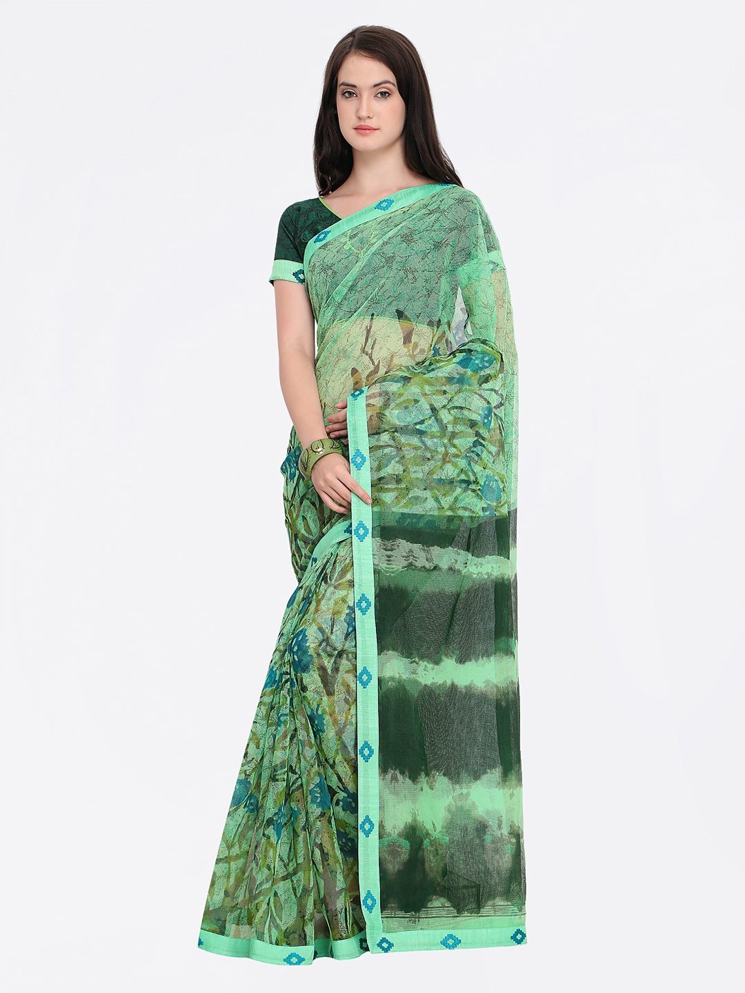 

Shaily Green Printed Cotton Blend Saree