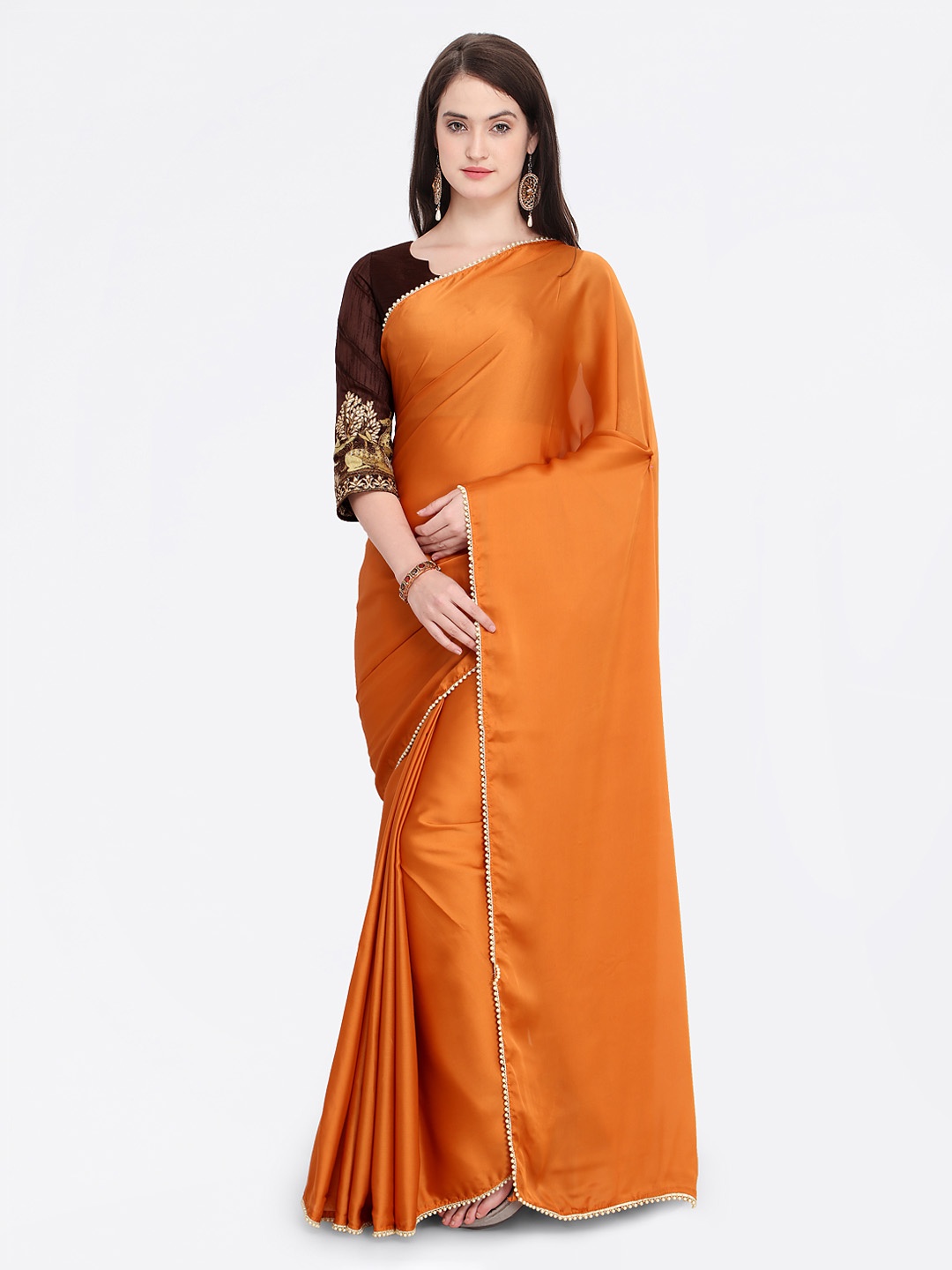 

Shaily Orange Solid Satin Saree