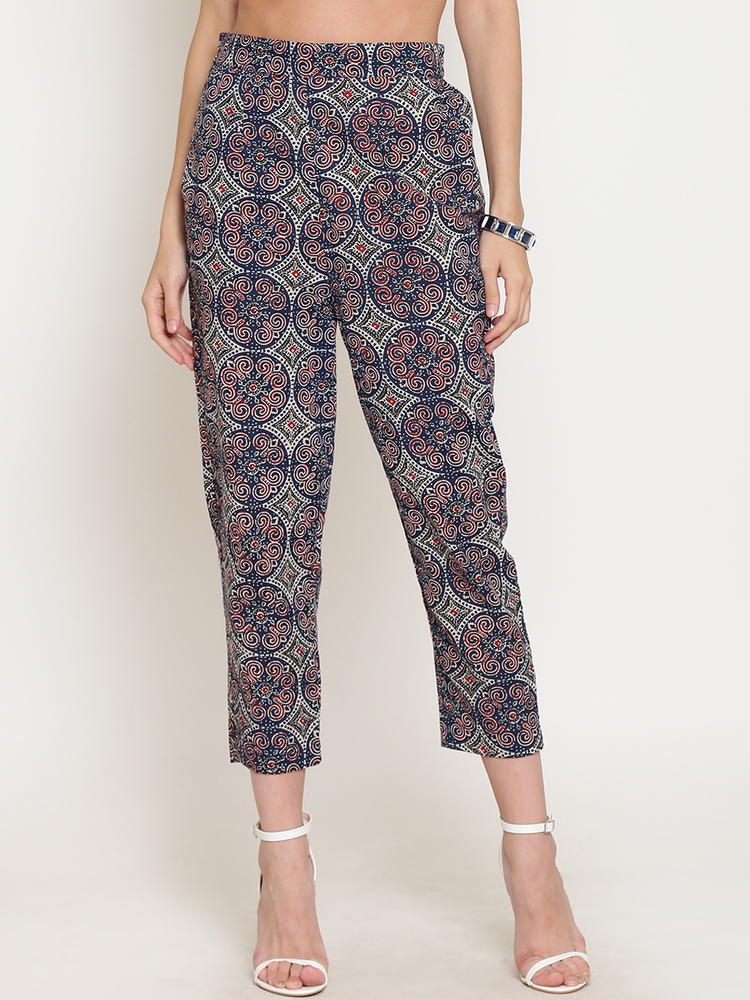 Sera Women Navy Blue Straight Fit Printed Cigarette Trousers