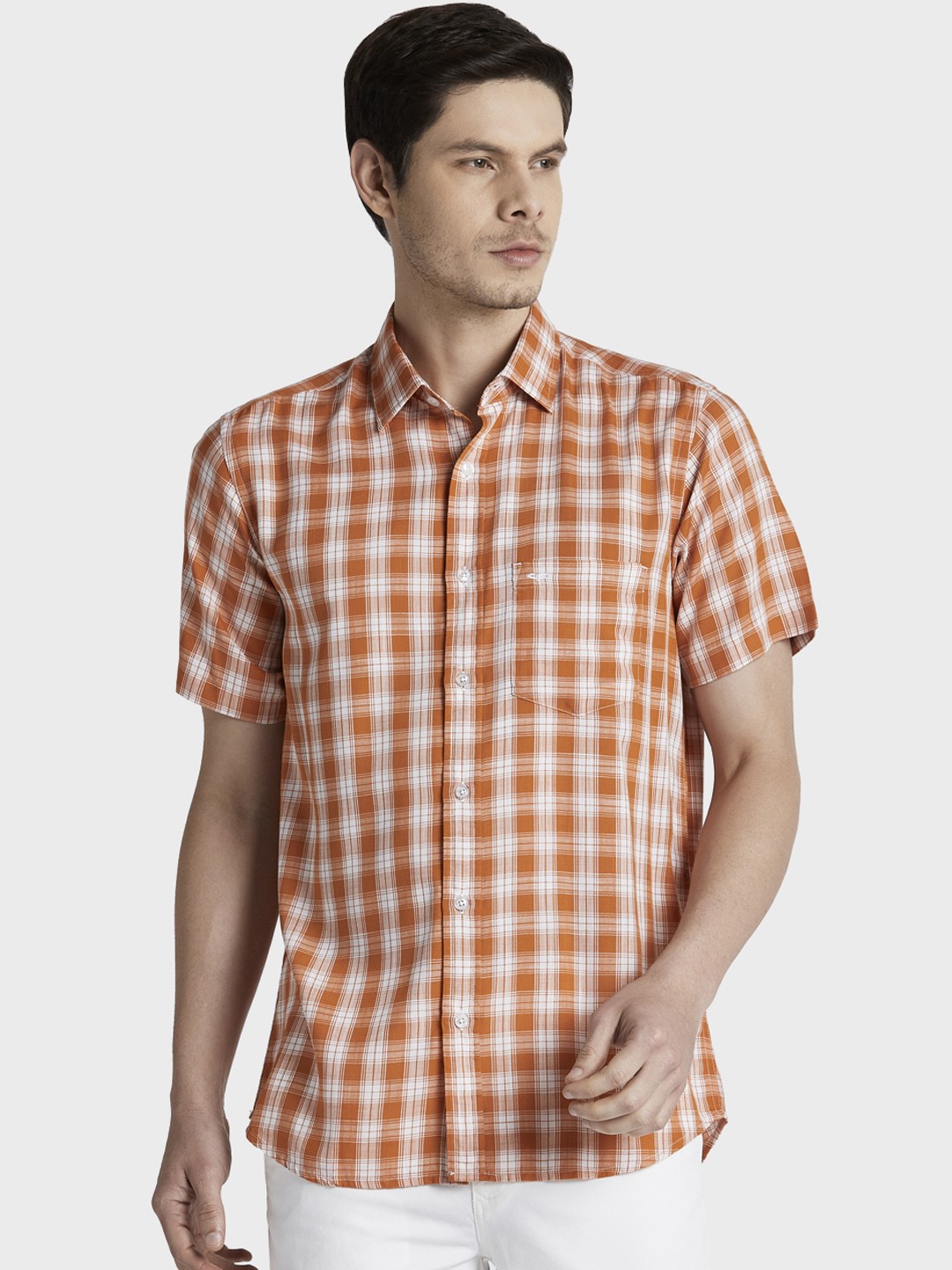 

ColorPlus Men Orange & White Tailored Fit Checked Casual Shirt