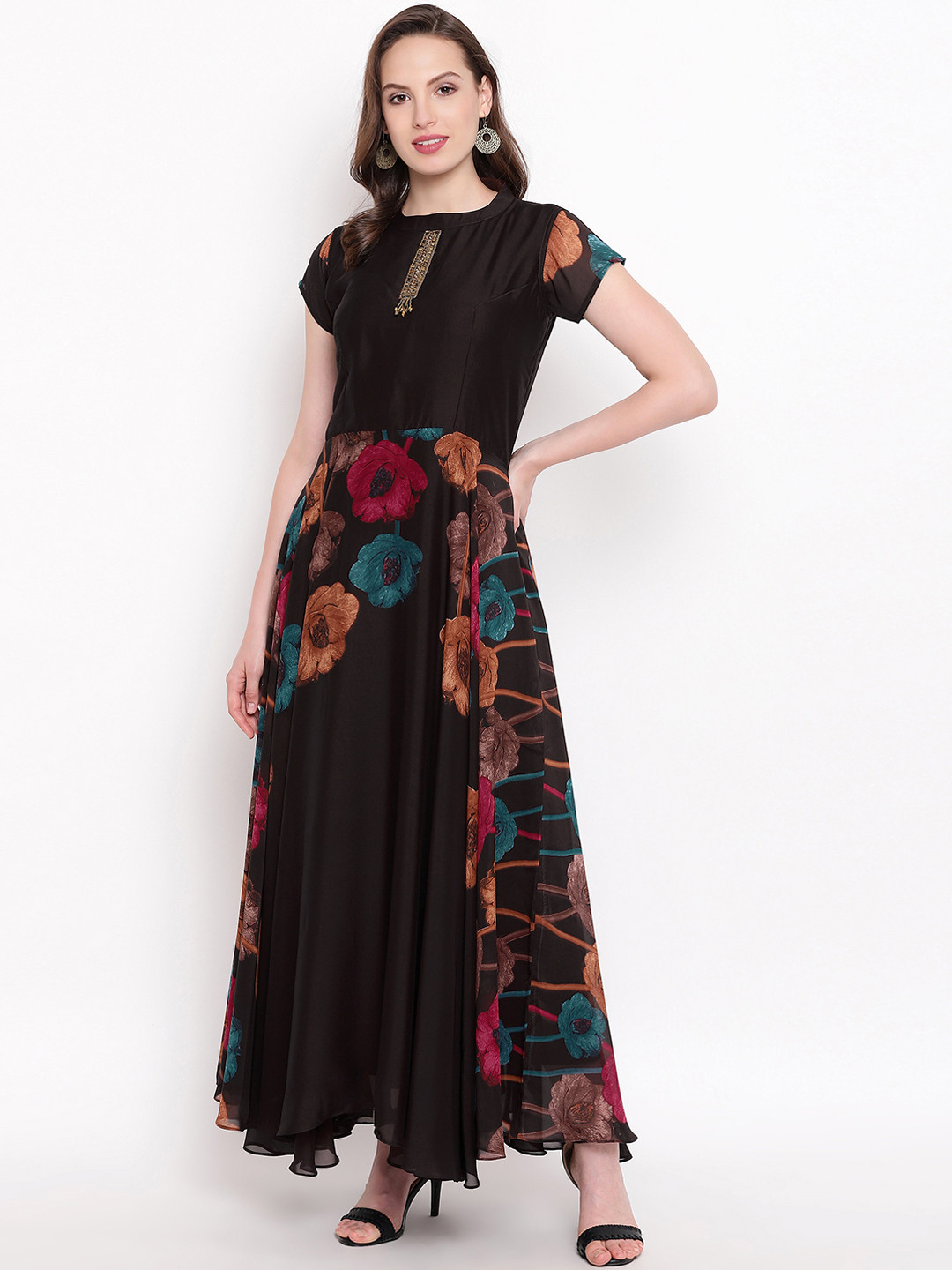 

Kvsfab Women Brown & Orange Floral Print Maxi Dress