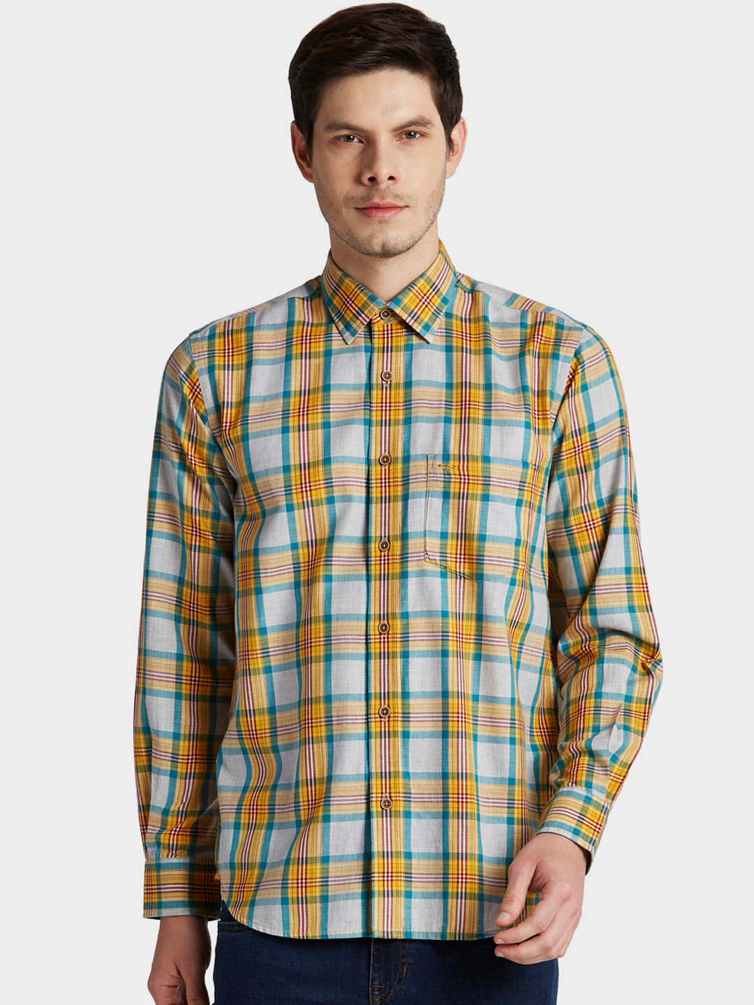 

ColorPlus Men Yellow & Blue Tailored Fit Checked Casual Shirt