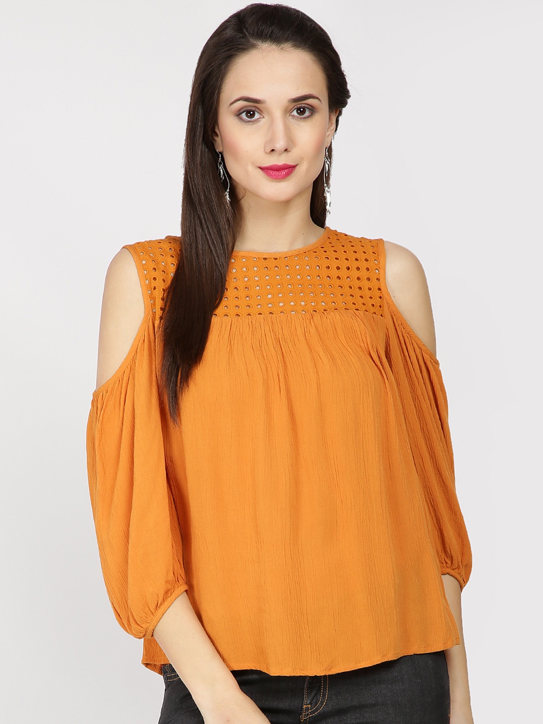 

Gipsy Women Orange A-Line Cut-Work Top