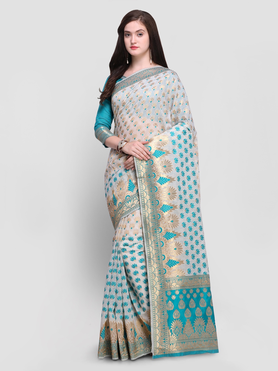 

Shaily Cream-Coloured & Blue Pure Silk Woven Design Banarasi Saree