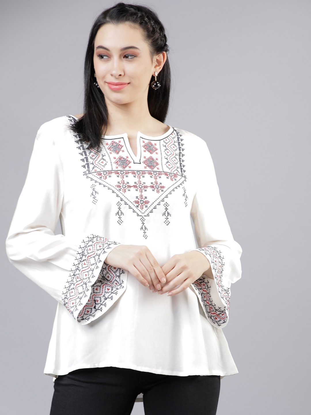 

Vishudh Women Off-White Embroidered A-Line Top
