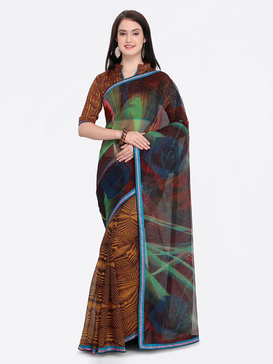 

Shaily Blue & Mustard Cotton Blend Printed Saree