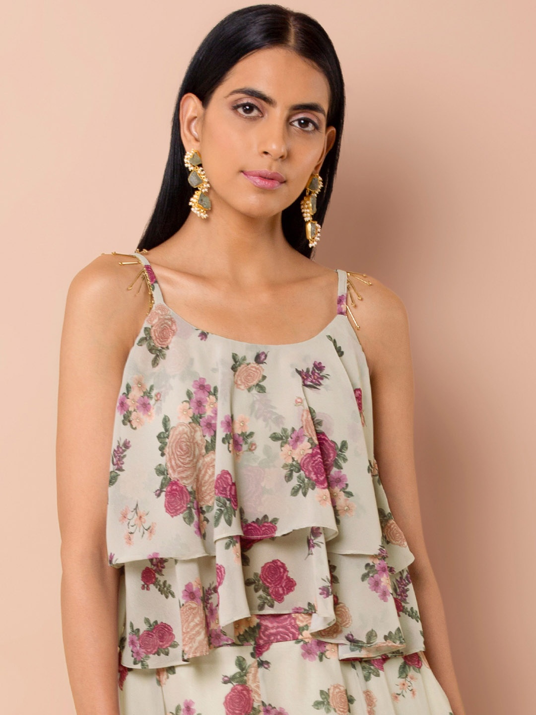

INDYA Women Beige Printed Tiered Top