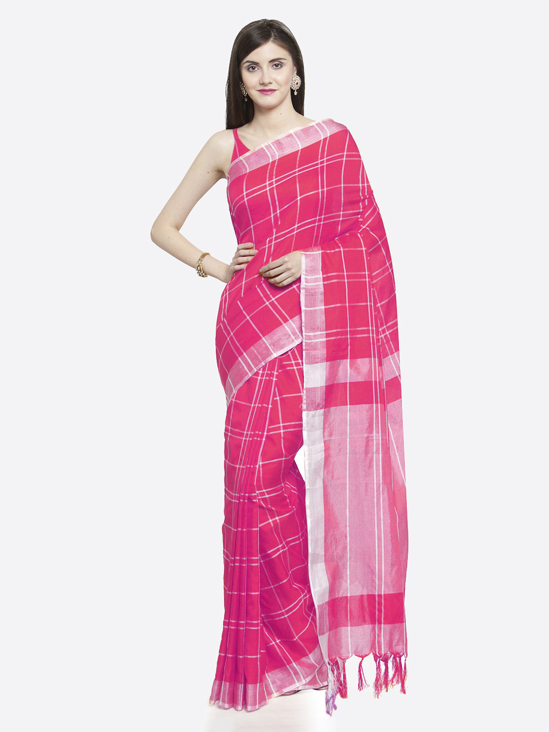

Shaily Pink & Silver-Coloured Pure Linen Checked Saree