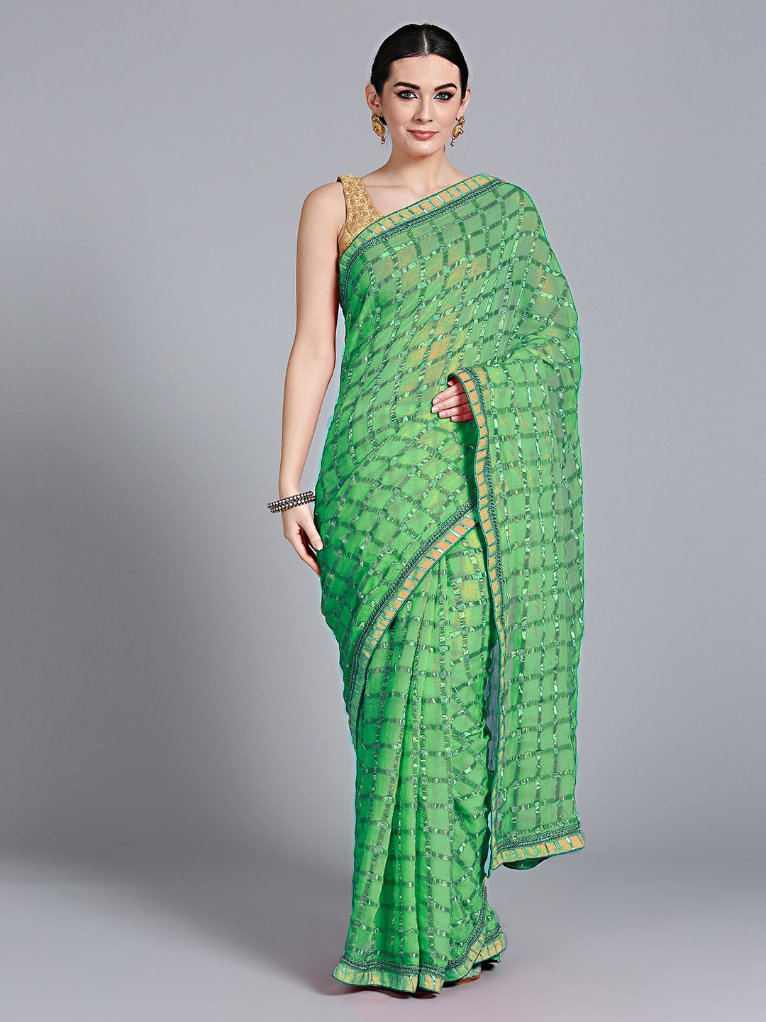 

Chhabra 555 Green Checked Poly Georgette Saree