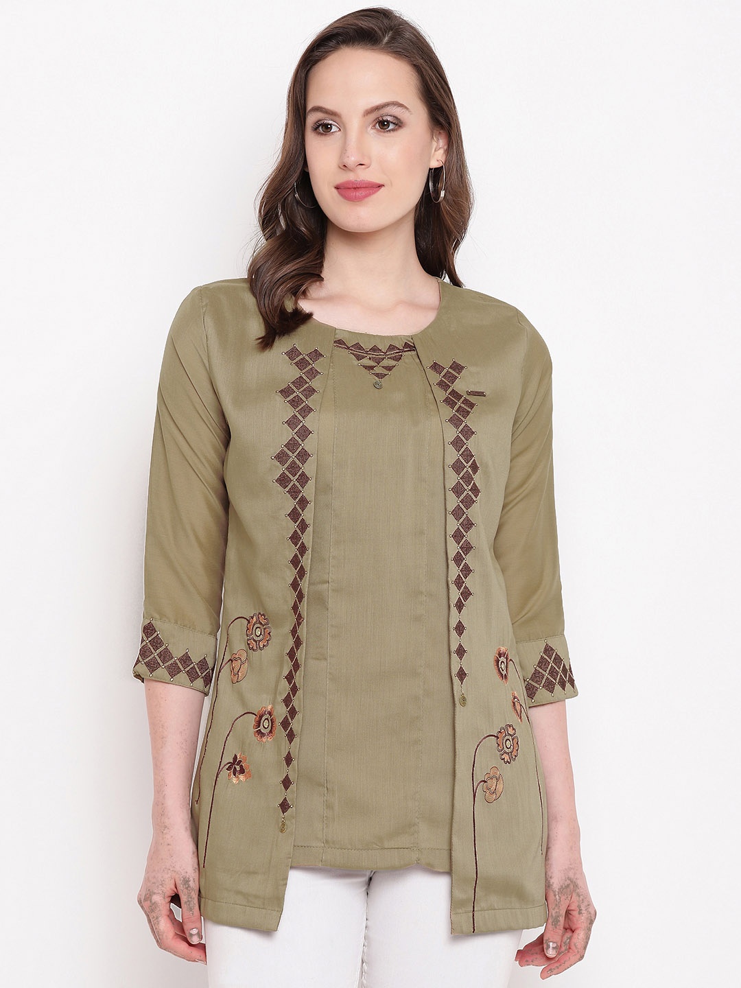 

Kvsfab Women Brown Embroidered A-Line Kurti