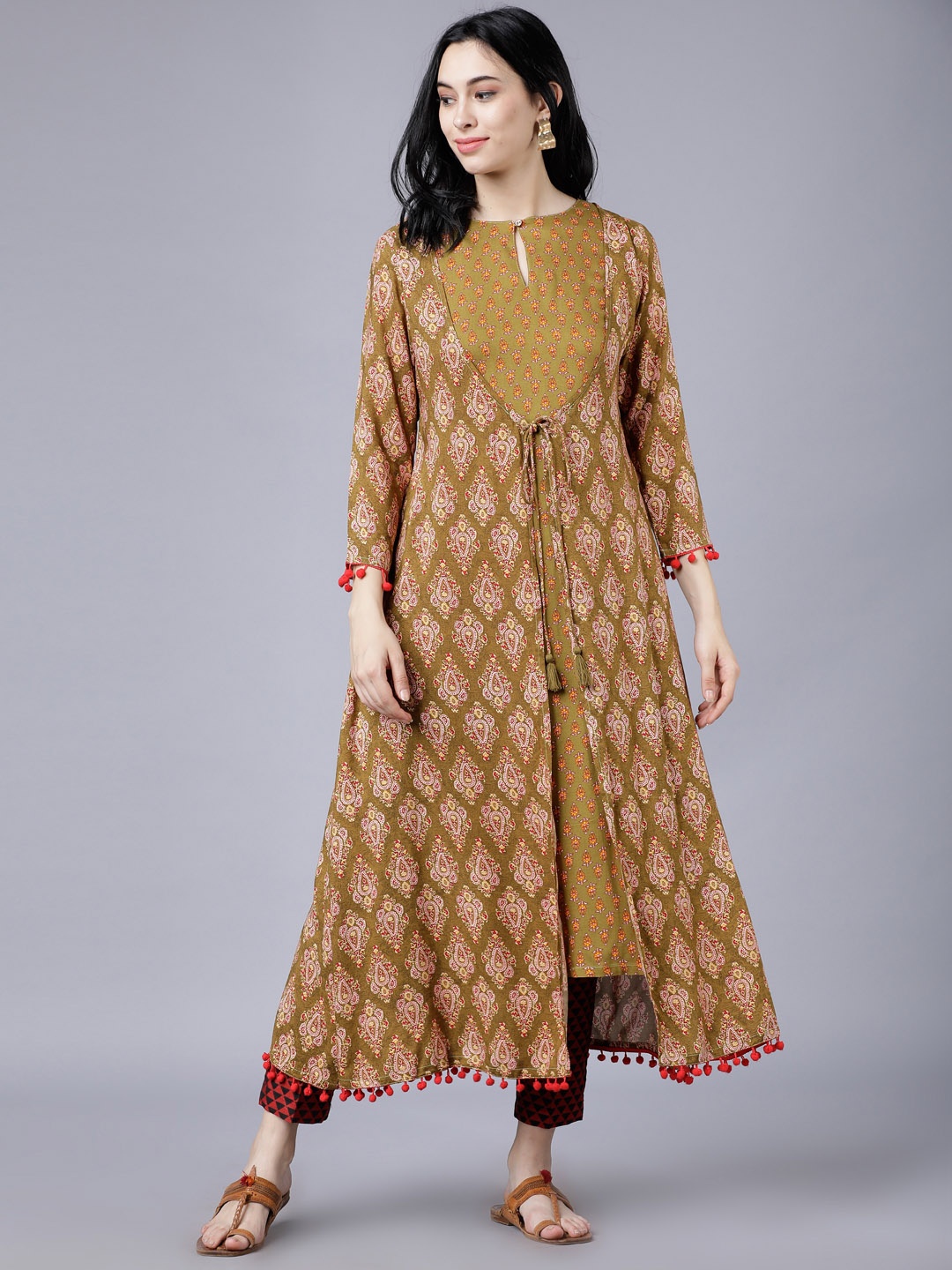 

Vishudh Women Olive Green Printed A-Line Layered Kurta