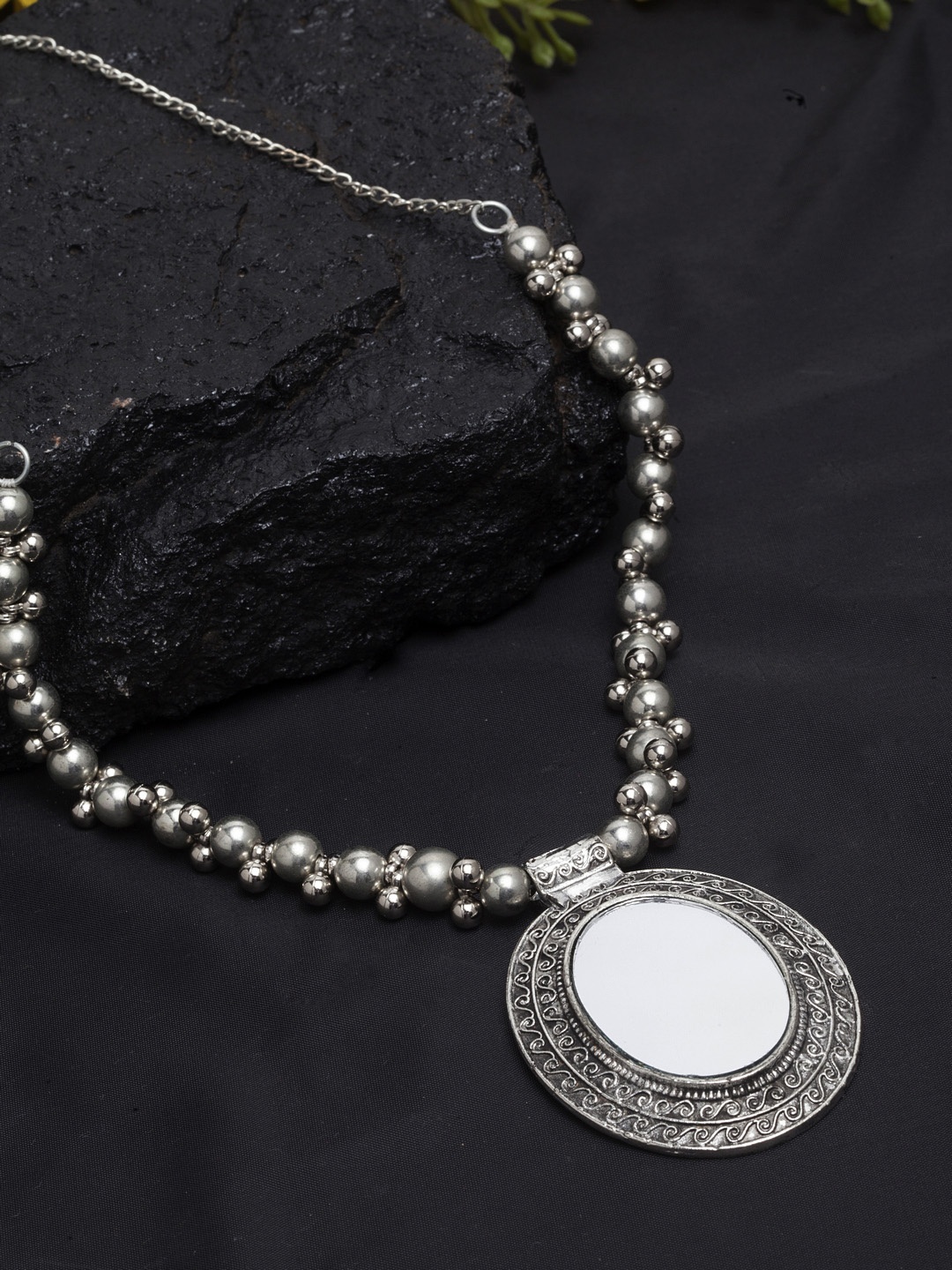 

Moedbuille Oxidised German Silver Mirror Handcrafted Necklace with Silver-Plating