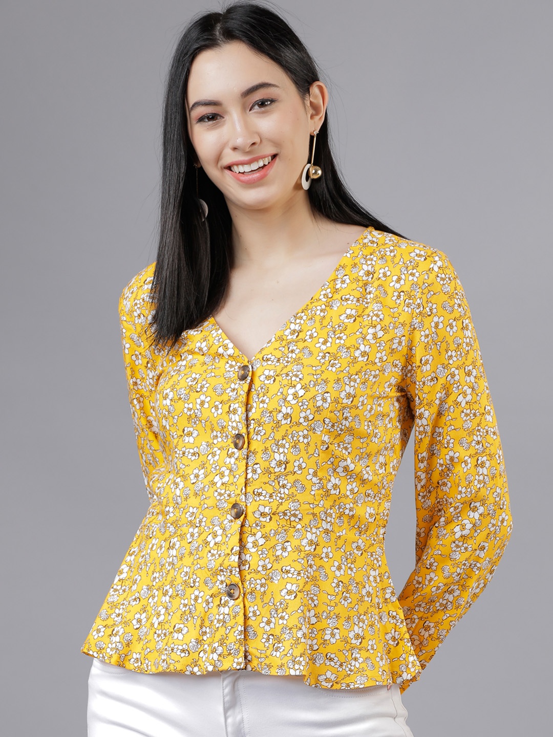 

Tokyo Talkies Women Yellow Floral Printed Peplum Top