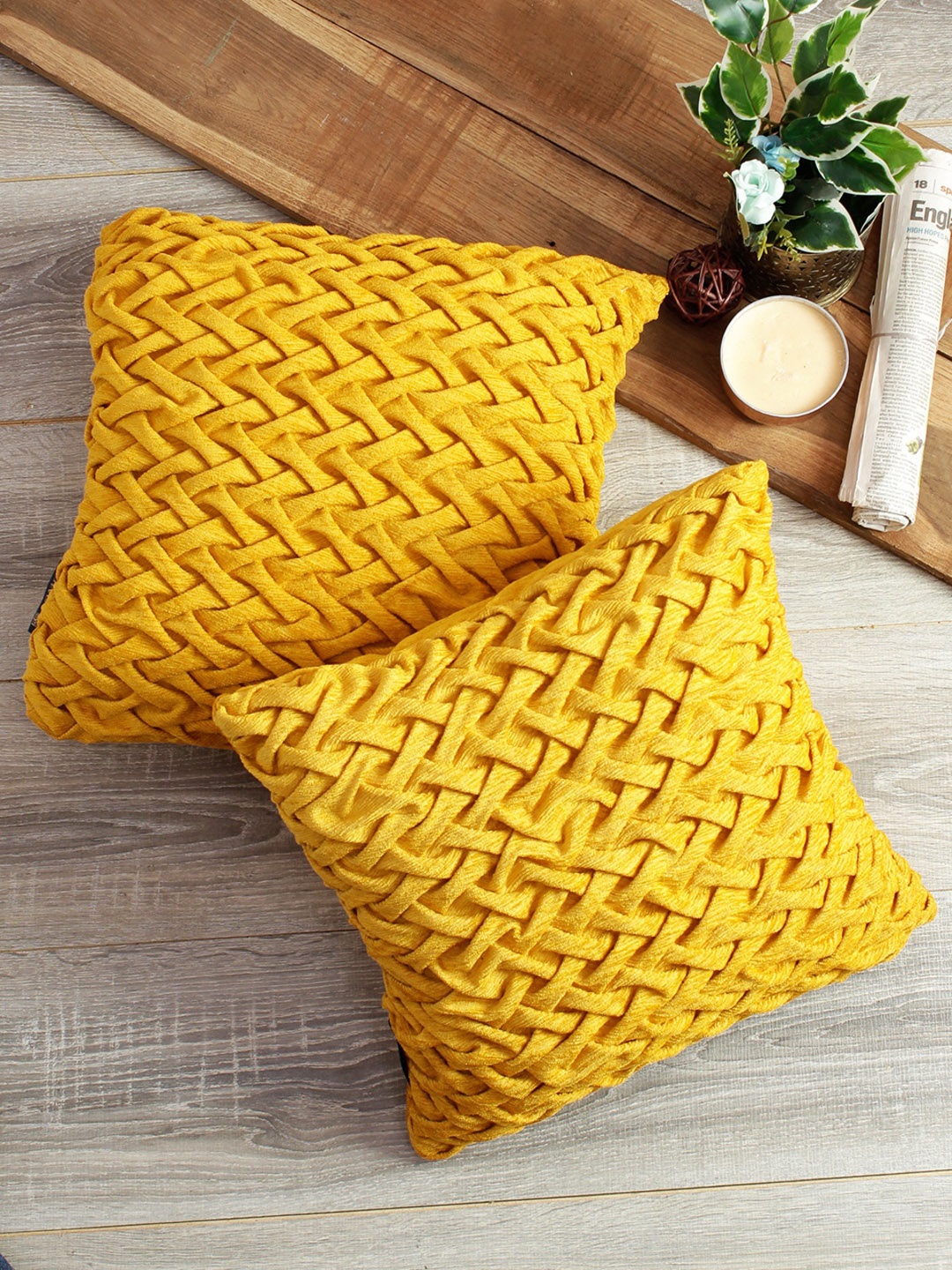 

ROMEE Yellow Set of 2 Self Design Square Cushion Covers