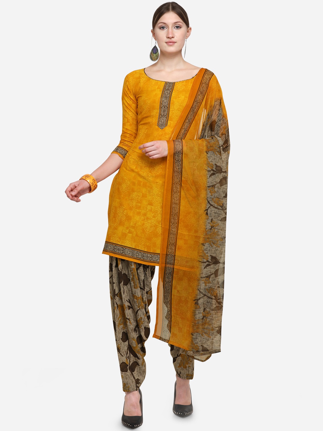 

Rajnandini Yellow & Olive Green Silk Crepe Unstitched Dress Material