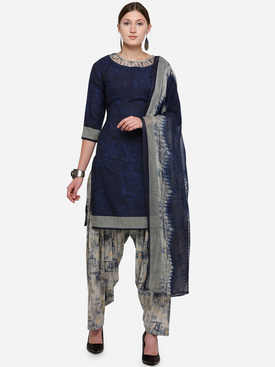 

Rajnandini Navy Blue & Beige Printed Unstitched Dress Material