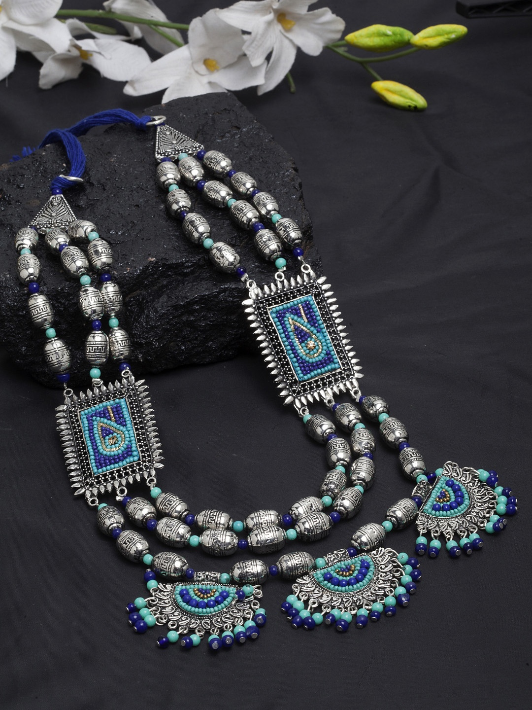 

Moedbuille Blue Oxidised Silver-Plated Beaded Layered Afghan Necklace
