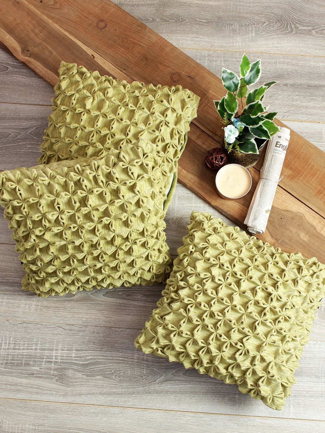 

ROMEE Set of 3 Self Design Square Cushion Covers, Green