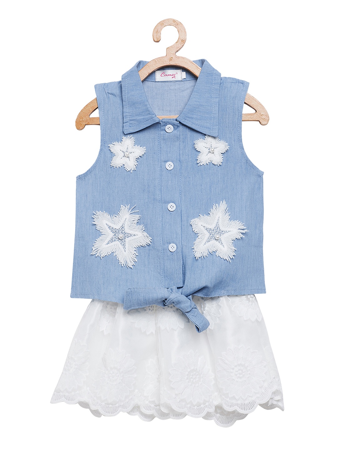 

Camey Girls Blue & White Applique Detail Top with Shorts
