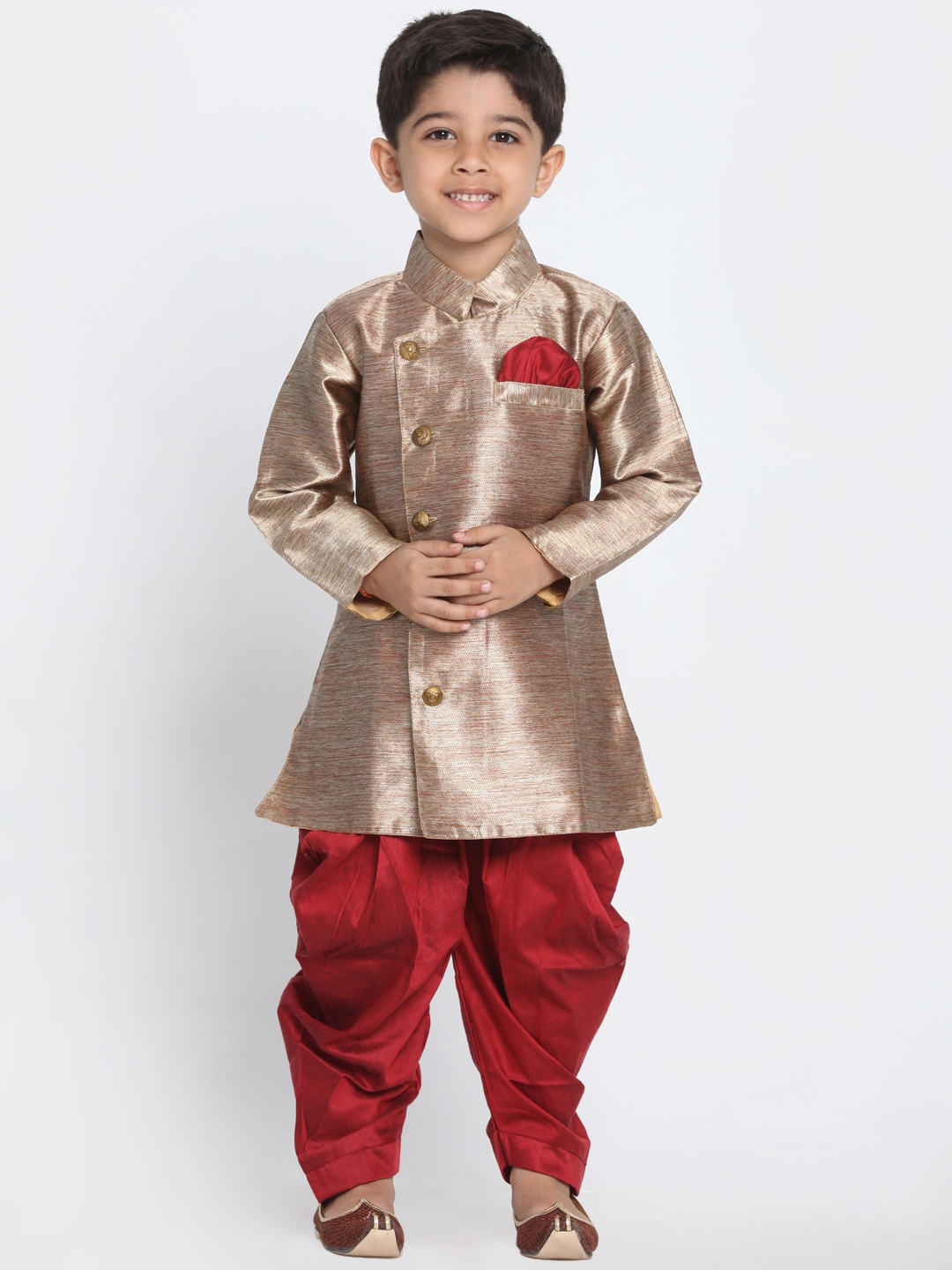 

JBN Creation Boys Gold & Maroon Solid Sherwani Set