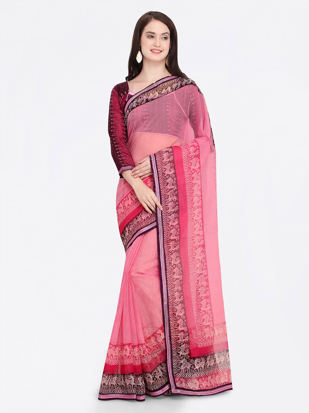

Shaily Pink Printed Cotton Blend Saree