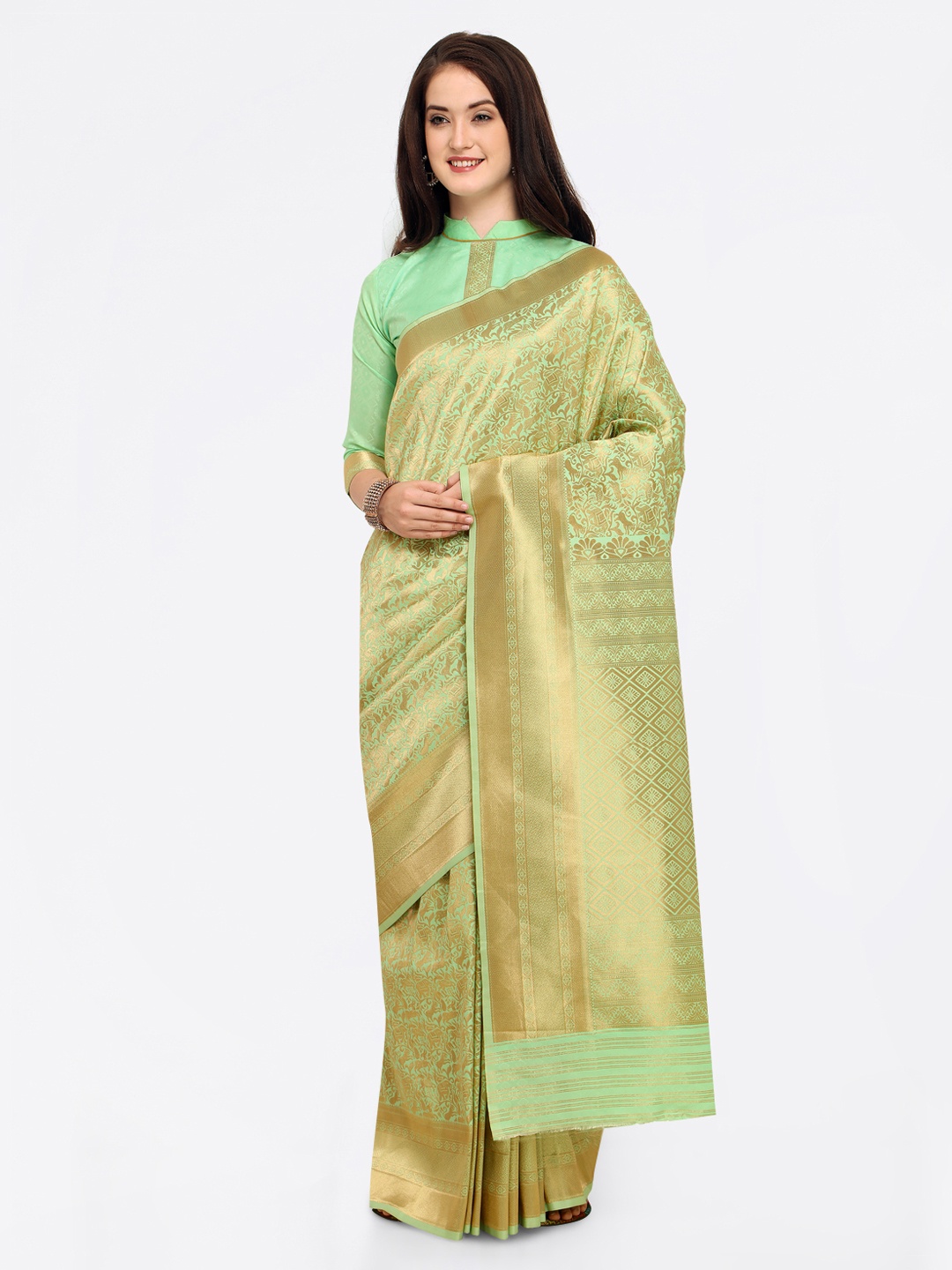 

Shaily Green & Gold-Coloured Pure Silk Woven Design Banarasi Saree