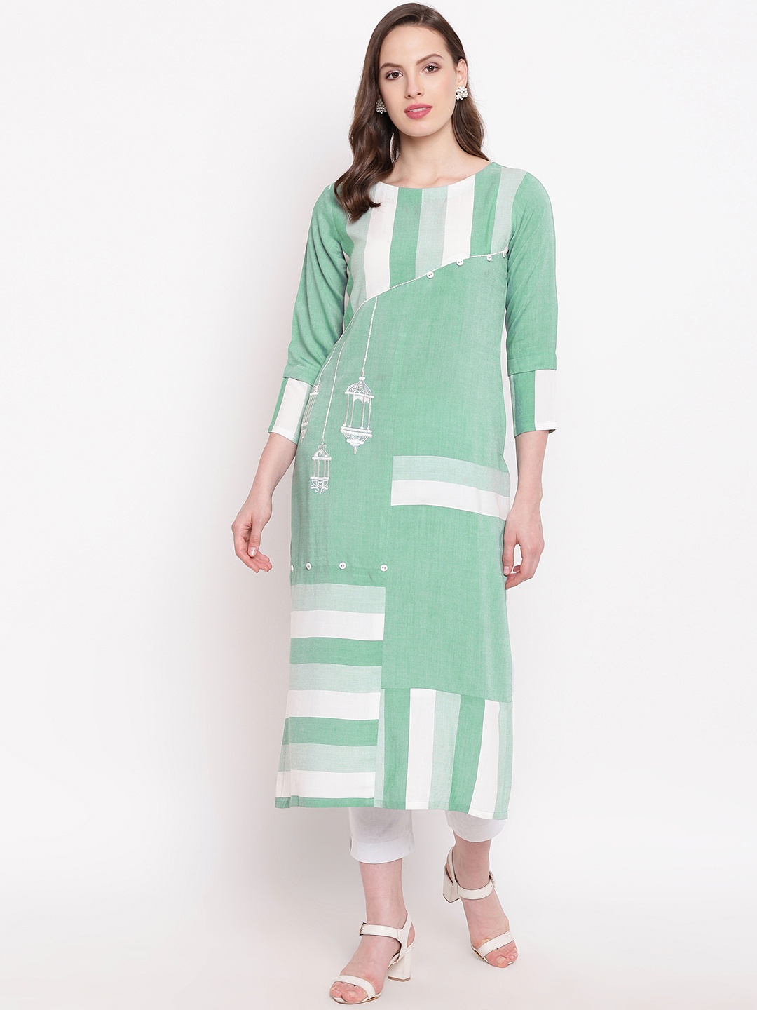 

Kvsfab Women Green & White Striped Straight Kurta
