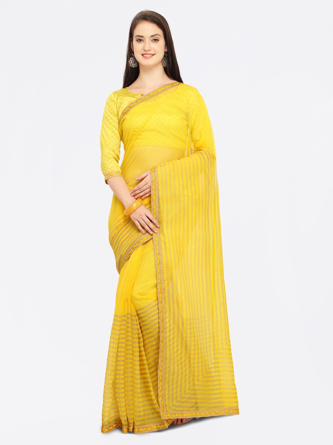 Shaily Yellow Striped Cotton Blend Saree