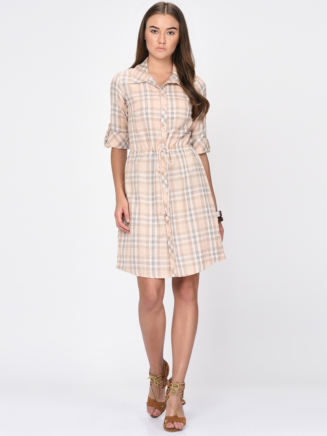 

SIRIKIT Women Peach-Coloured & Grey Shirt Dress