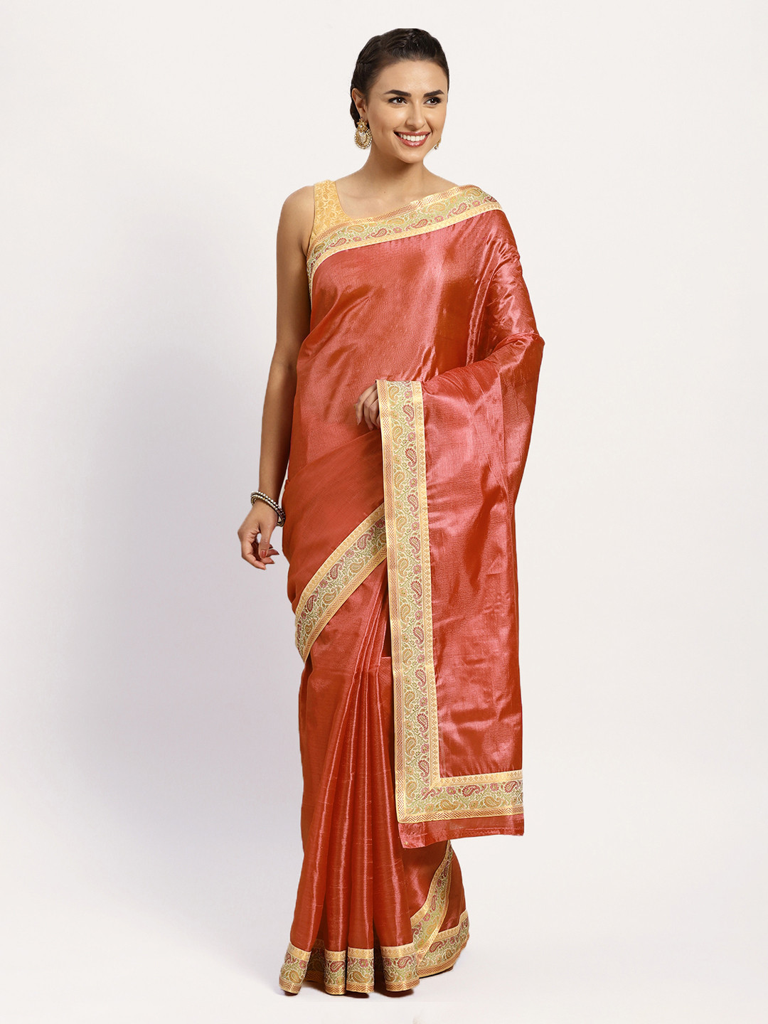 

Chhabra 555 Orange & Rust Art Silk Woven Design Tussar Saree