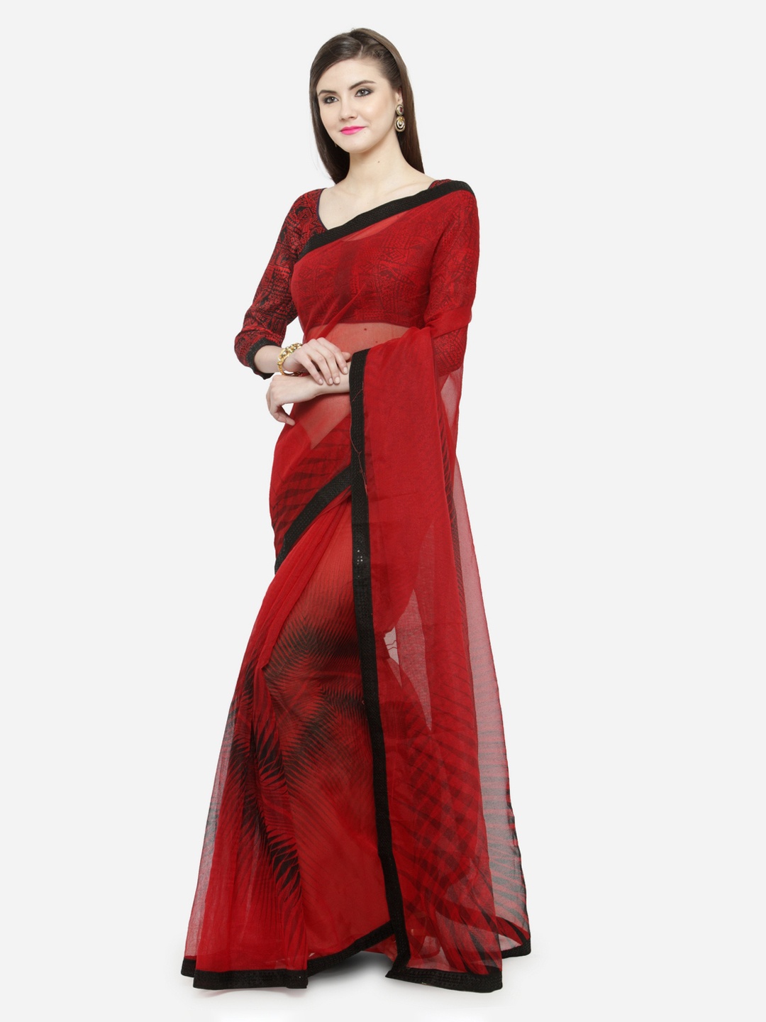 Shaily Red & Black Cotton Blend Printed Saree