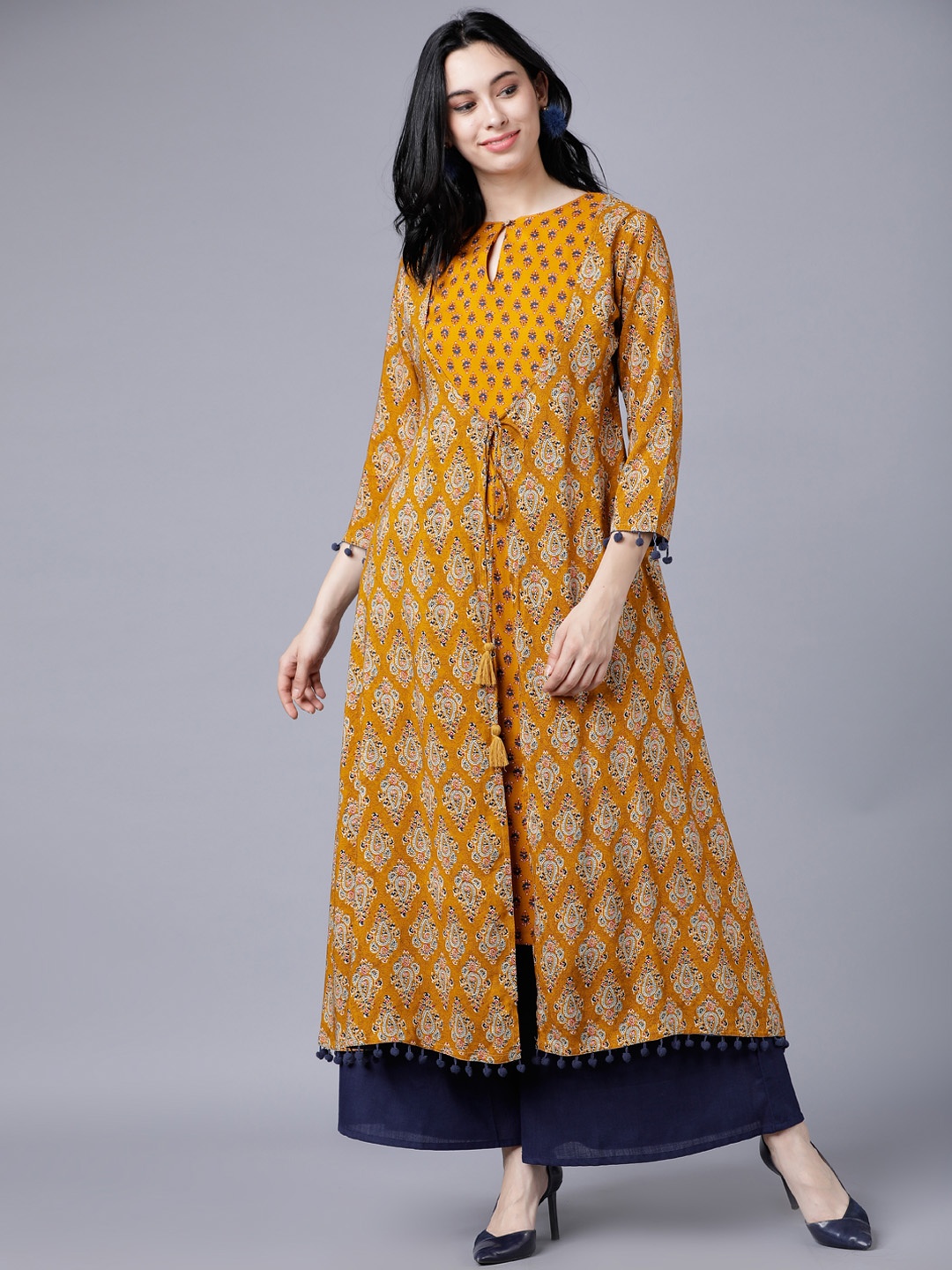 

Vishudh Women Mustard Yellow Printed A-Line Kurta