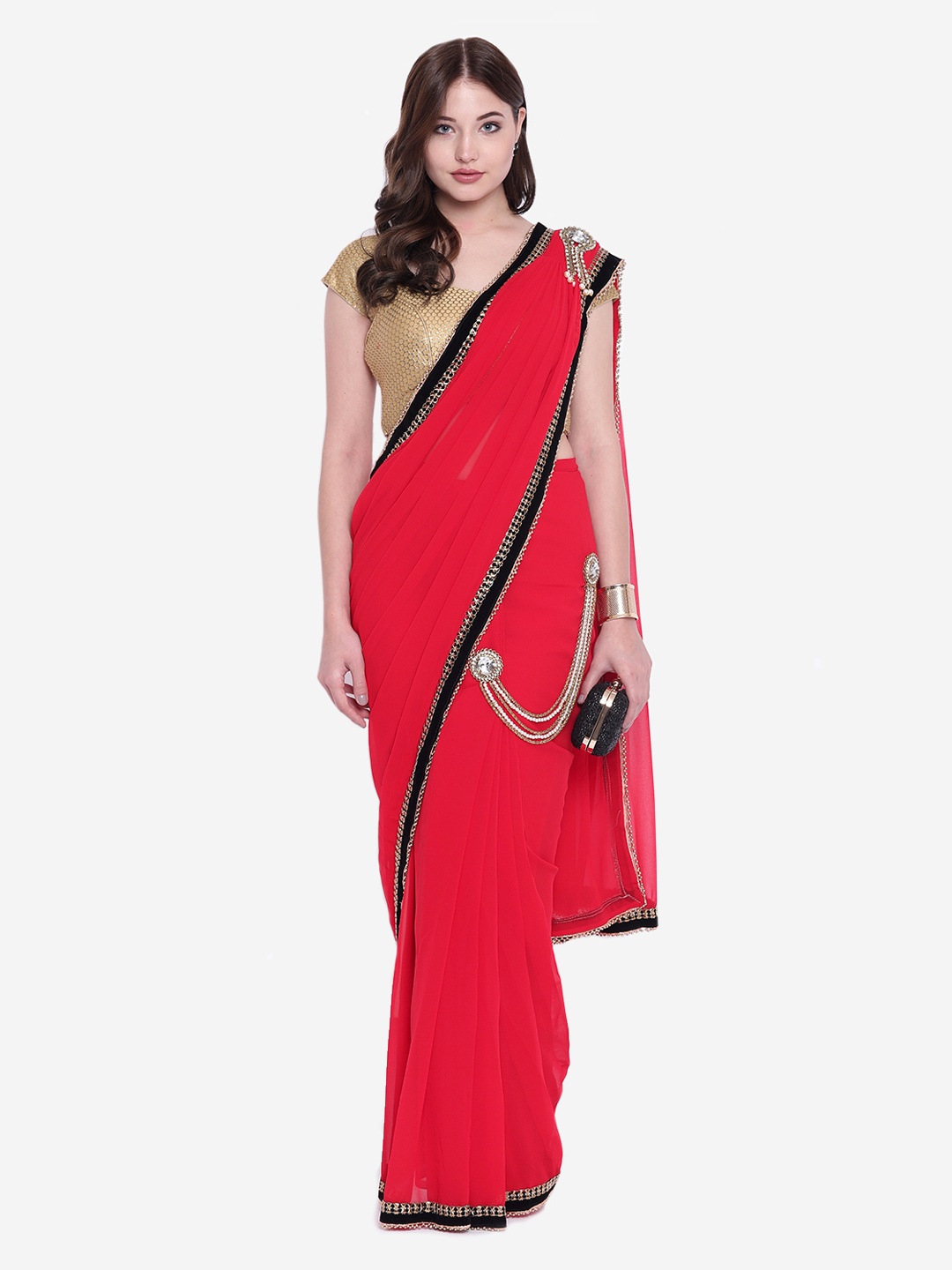 

Chhabra 555 Red & Maroon Poly Georgette Solid Saree