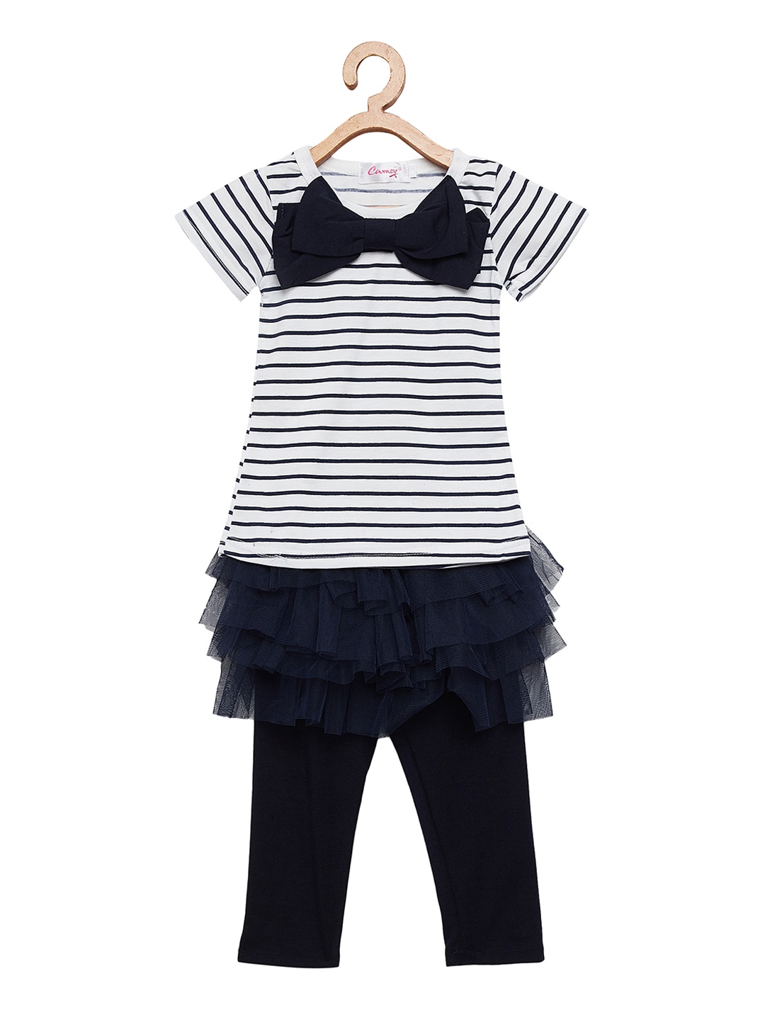 

Camey Girls White & Navy Striped Top with Leggings