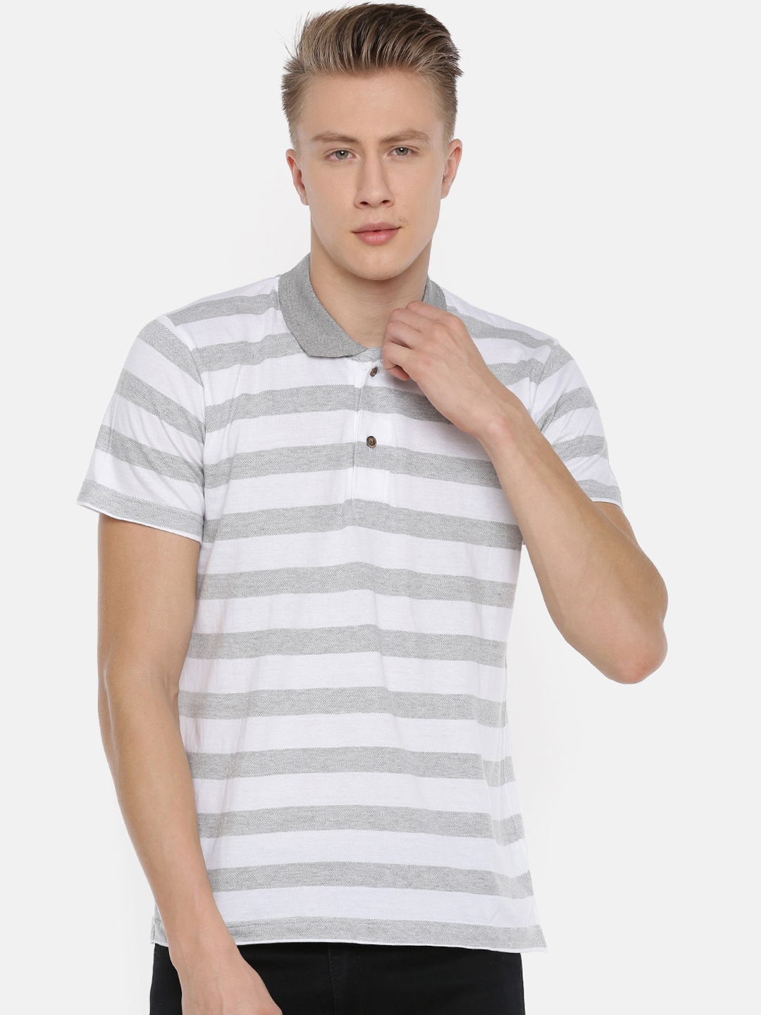 

Kryptic Men White Striped Polo Collar Pure Cotton T-shirt