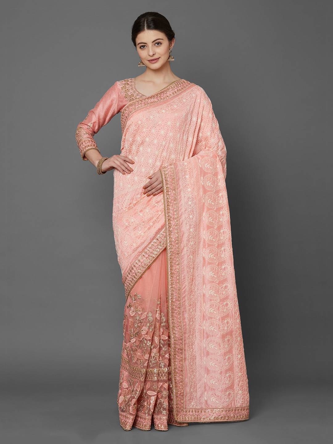 

Mitera Coral Pink Embroidered Poly Georgette Saree